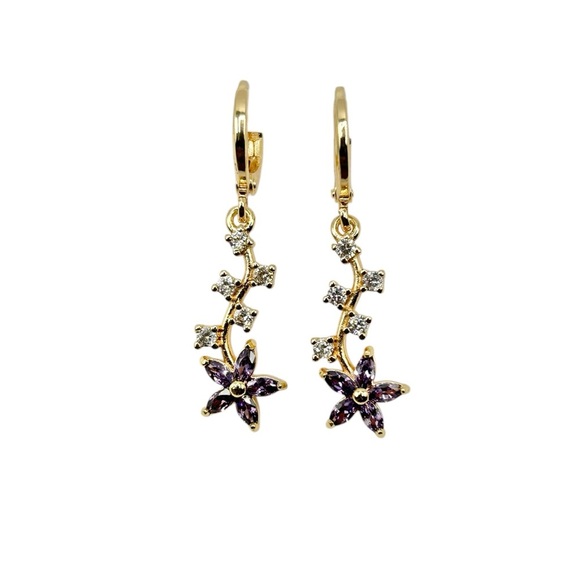 Floral Gold and Purple Dangle Earrings with Crystals-New! - Picture 1 of 5